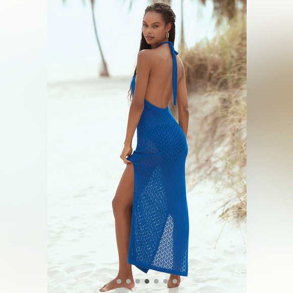 Anthropologie NWT Sz L stunning blue crocheted top-rated halter cover-up dress - Picture 8 of 16